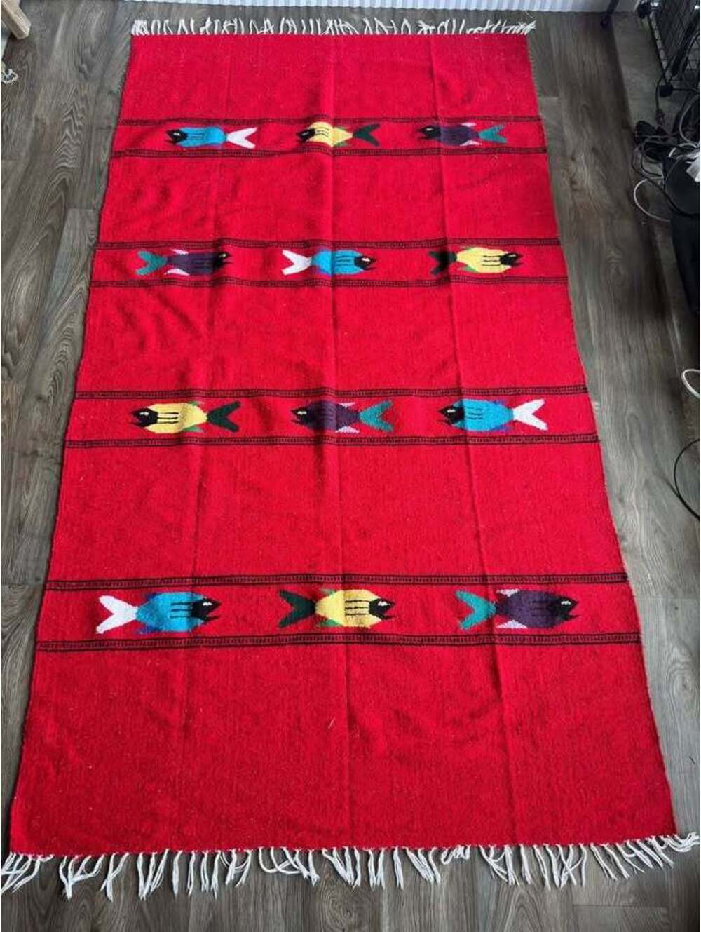 Handwoven Red Wool Textile – Rug / Blanket / Tapestry – 5x3 ft folk